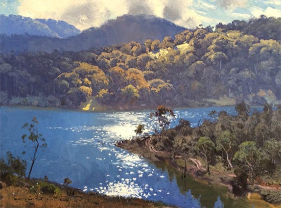 Morning Light on Lake Lyall, 45 x 60 cm, © Warwick Fuller Oil Painting Morning Light on Lake Lyall © Warwick Fuller