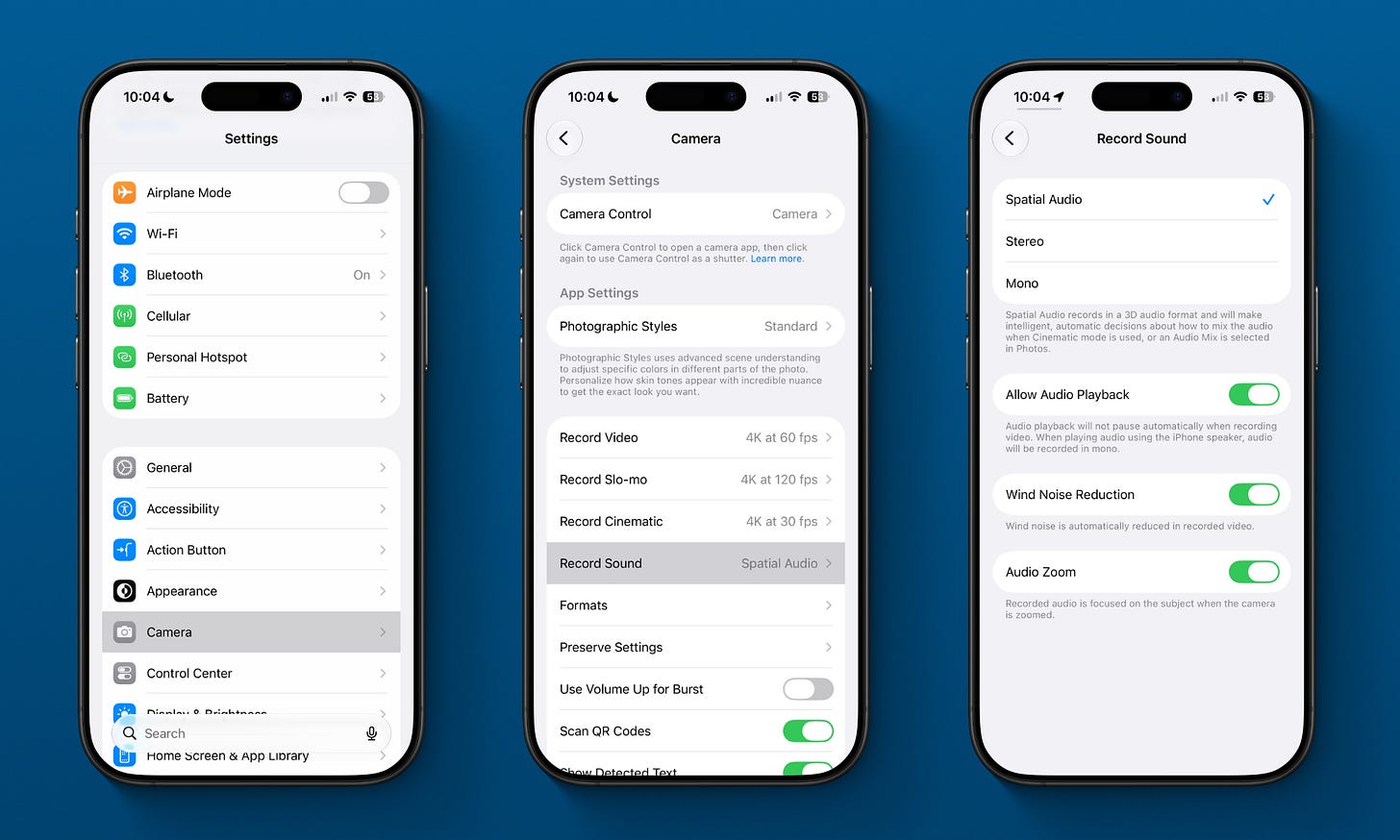 Three iPhone screenshots showing the path to enable Spatial Audio recording: Settings → Camera → Record Sound, with Spatial Audio selected as the audio format.
