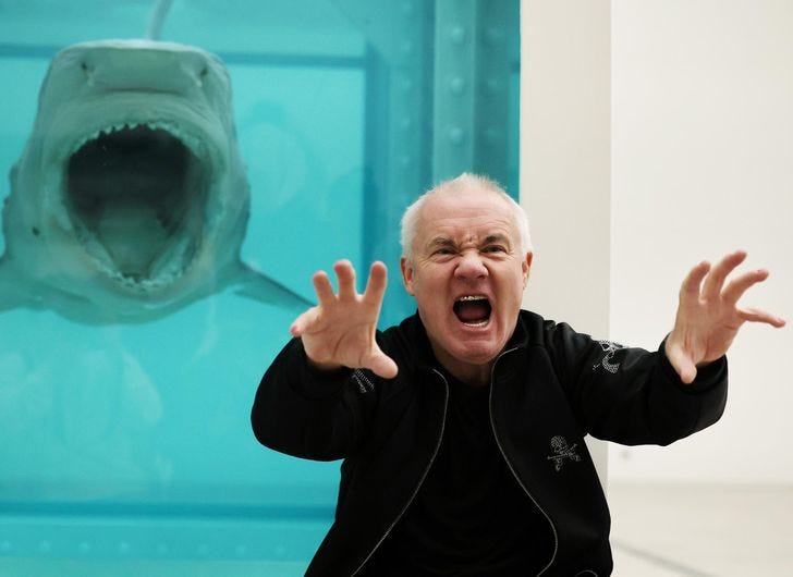 Damien Hirst poses in front of his iconic work, 'The Physical Impossibility of Death in the Mind of Someone Living,' during a preview of his solo exhibition “There Is No Truth, But Everything Is Possible,” at the MMCA in Seoul, Wednesday. Yonhap Damien Hirst poses in front of his iconic work, 'The Physical Impossibility of Death in the Mind of Someone Living,' during a preview of his solo exhibition “There Is No Truth, But Everything Is Possible,” at the MMCA in Seoul, Wednesday. Yonhap