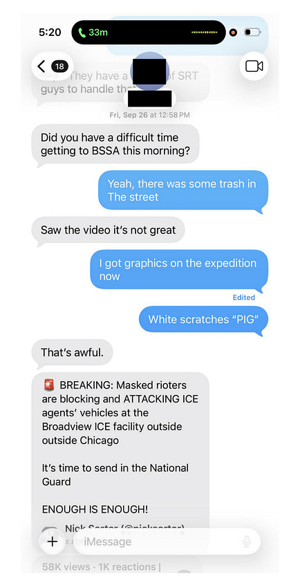 Jon Seidel (@SeidelContent) on X: "In a new motion in the 'Broadview 6' case, Brian Straw seeks context for texts allegedly sent by the agent at its center.  In one exchange, the agent is asked if he had a hard time getting to the ICE facility. He allegedly wrote, 'Yeah, there was some trash in The street.'"