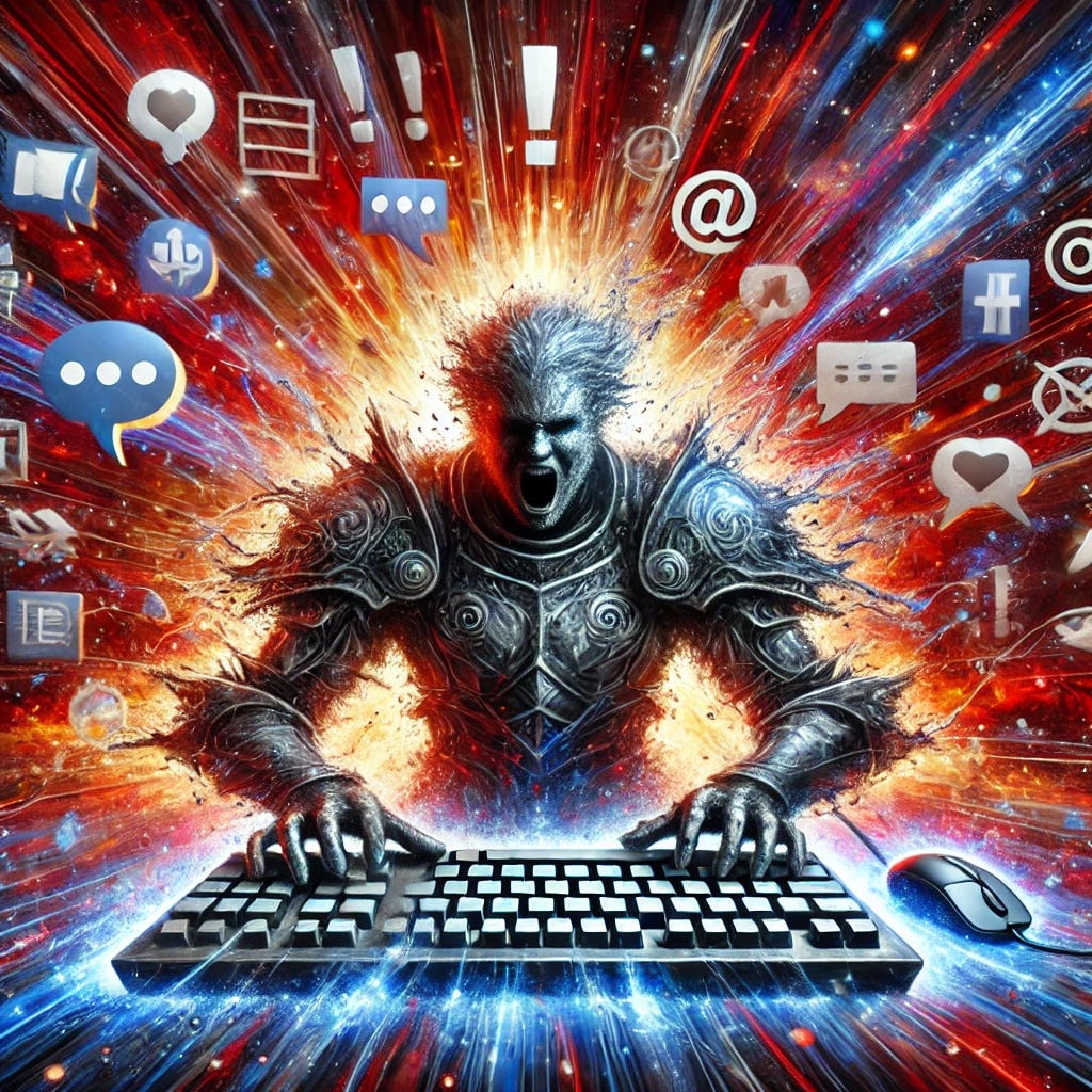 A digital illustration of a 'keyboard warrior,' showing a figure intensely typing at a computer, surrounded by a dramatic, chaotic background with exaggerated symbols of debate and conflict, like speech bubbles, exclamation marks, and internet icons. The figure is wearing armor, symbolizing their defensive stance, with a keyboard as their shield and a mouse as their weapon. The background glows with a mix of blue and red, representing the heated, polarized nature of online arguments. The overall tone is intense and dynamic, capturing the essence of online debates and confrontations.
