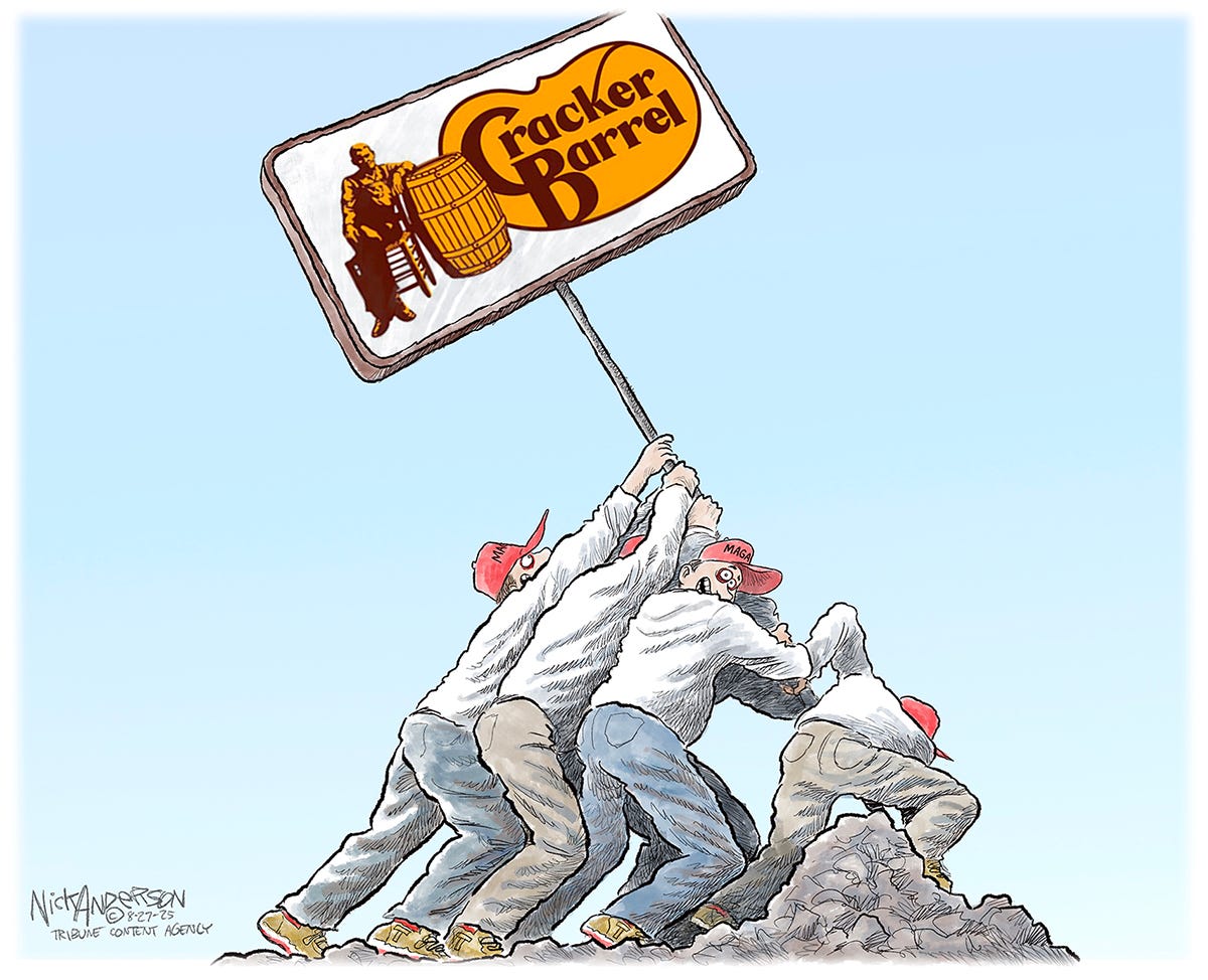 This cartoon resembles the famous image from World War II of American soldiers raising the flag on Iwo Jima. In this version, a group of MAGA supporters with red hats are raising the original Cracker Barrel logo.