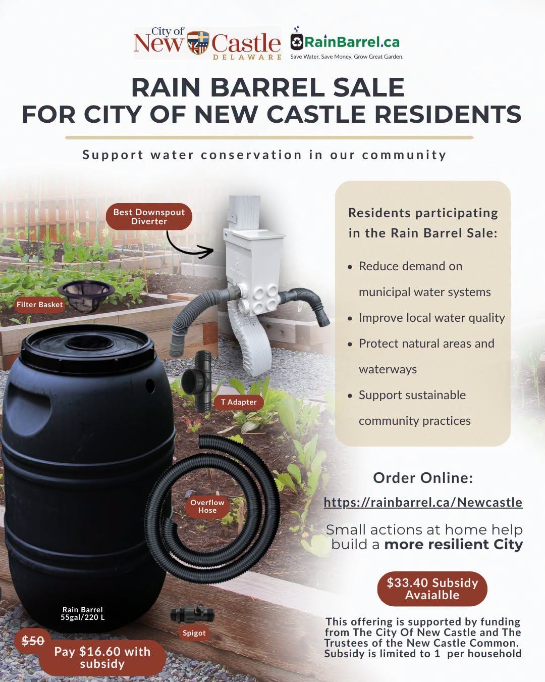 May be an image of water heater and text that says 'City of New Castle ÖRainBarrel.ca DELAWARE Money, Garden RAIN BARREL SALE FOR CITY OF NEW CASTLE RESIDENTS Support water conservation in our community Best Downspout Diverter Filter Basket Residents participating in the Rain Barrel Sale: Reduce demand on municipal water systems Improve local water quality Protect natural areas and Adapter waterways Support sustainable community practices Overflow Order Online: https://ainbarrel.ca/Newcastle Small actions at home help build a more resilient City Rain Barrel 55gal/220L $50 Spigot Pay $16.60 $16 with subsidy $33.40 Subsidy Avaialble Trustees Subsidy This offering supported funding City Of Castle the New Castle Common. limited 01 per household'