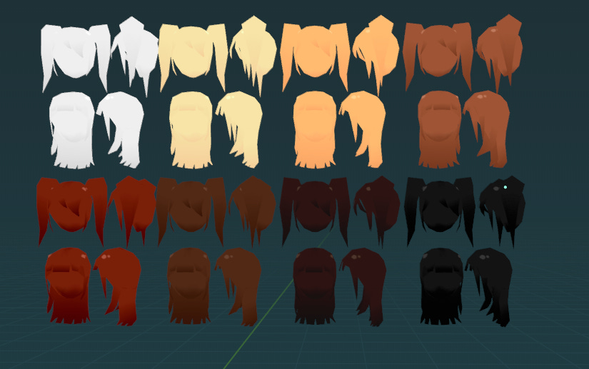 Four rows of a variety of low-poly hairstyle models in an array of colors.