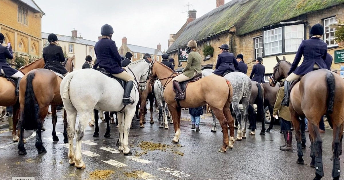 Mounted field riders with the Blackmore and Sparkford Vale Hunt gather in a town centre. Mounted field riders with the Blackmore and Sparkford Vale Hunt gather in a town centre.