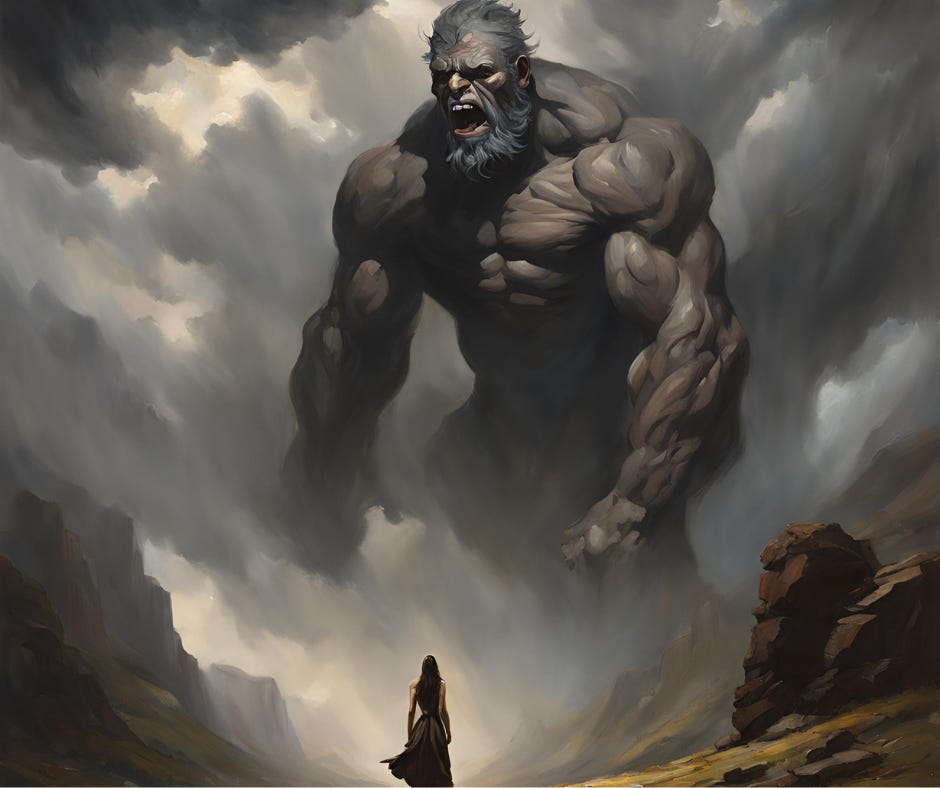 A giant looming over a woman