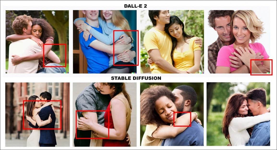 Non-edited results from DALL-E 2 and Stable Diffusion (1.4) at the end of August 2022, both showing issues with limbs. Prompt is 'A woman embracing a man'