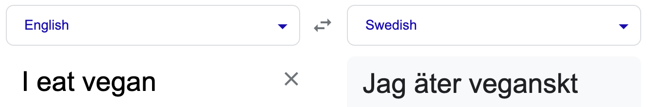 Screenshot of a Google English to Swedish translation. On left it says “I eat vegan”. On right it says “Jag äter veganskt”.