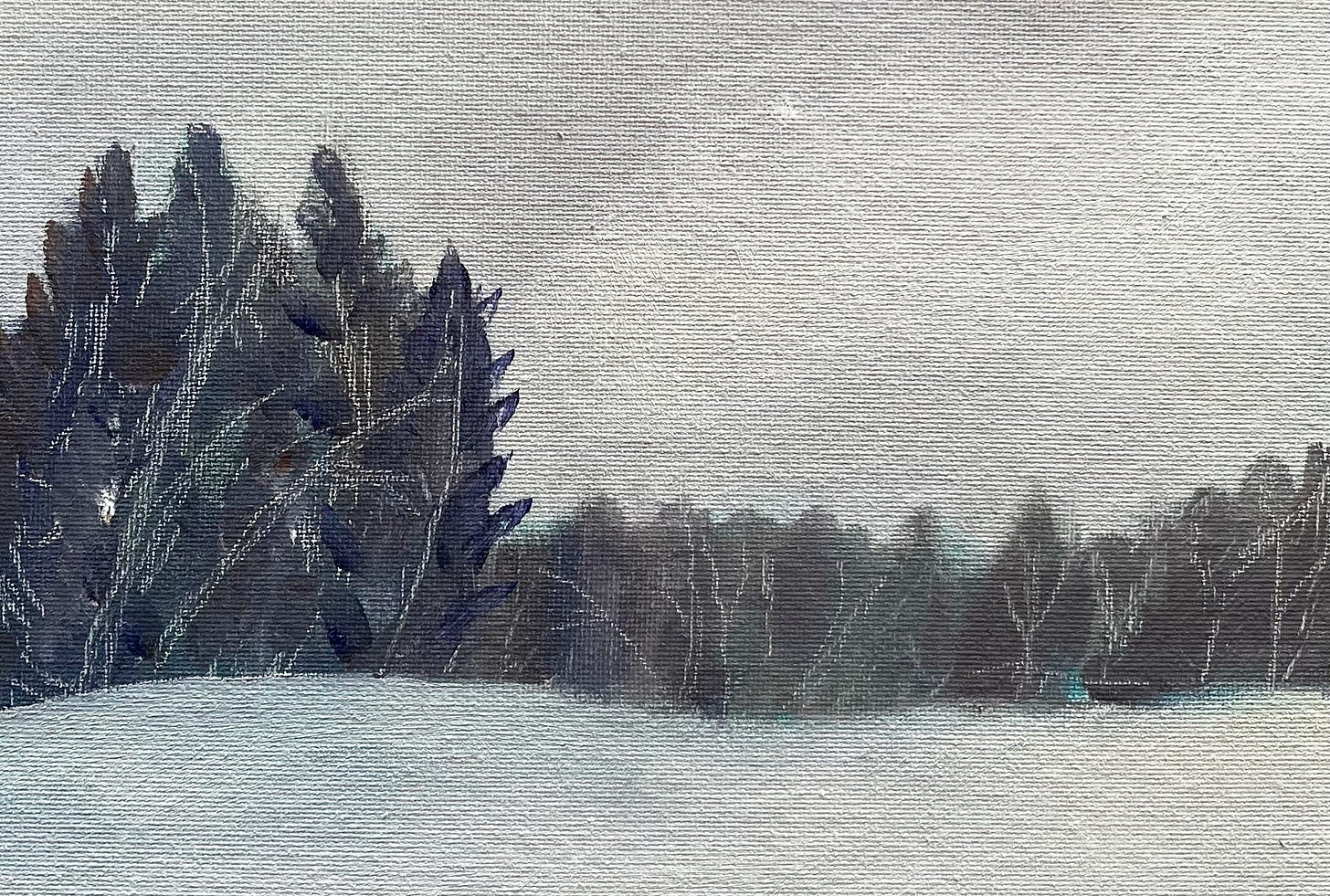 painted winter scene with dark trees on grey snow drifts