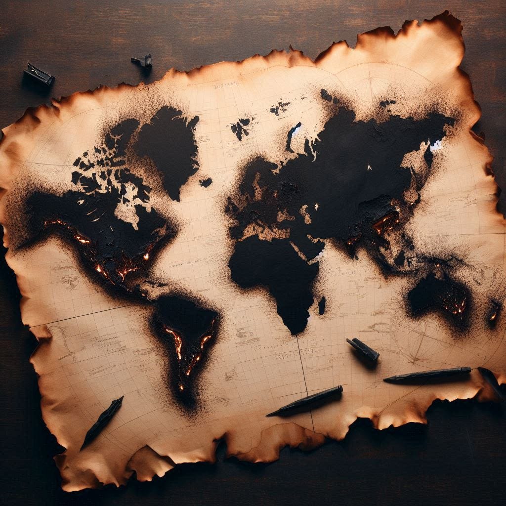 a world map on parchment paper starting to blacken and burn at the center