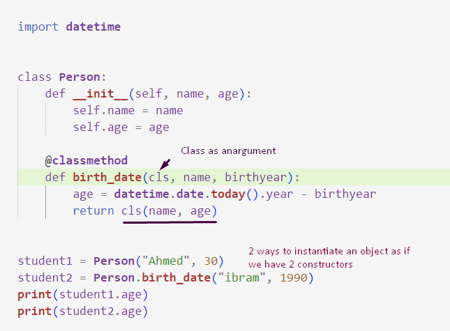 the Person class has an alternative constructor from_birth_year, which takes the name and birth_year the Person class has an alternative constructor from_birth_year, which takes the name and birth_year