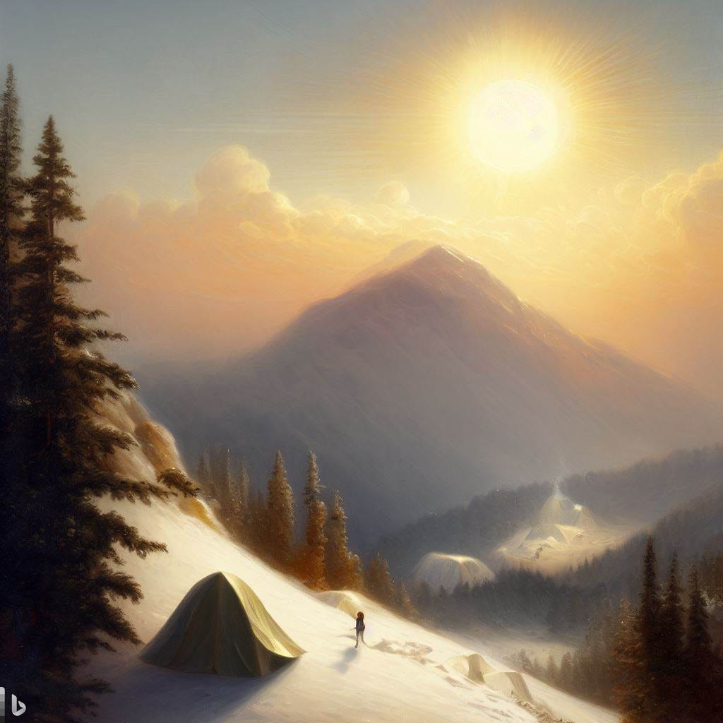 a neoclassical painting of a sun rising over a mountain. Some mountain climbing tents are barely visible in the distance, above the tree line and below the snow.