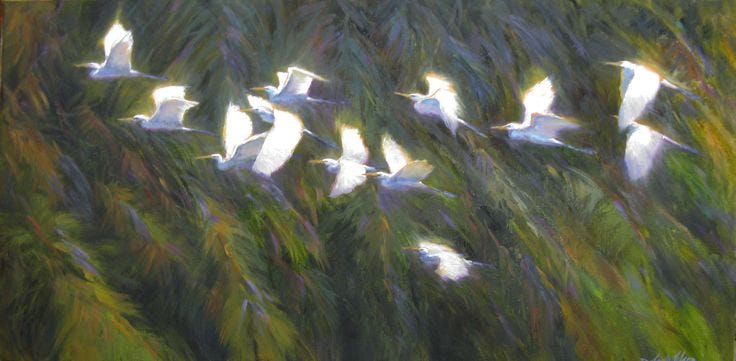 This may contain: a painting of white birds flying in the air over tall grass and trees with green foliage behind them This may contain: a painting of white birds flying in the air over tall grass and trees with green foliage behind them