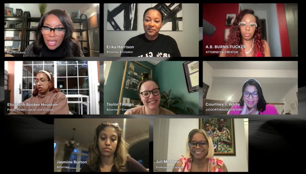 Attorneys Rep. Jasmine Crockett, Elizabeth Booker Houston, A.B. Burns-Tucker, Jasmine Burton, Erika Harrison, Juli McShay, Taylor Tieman and Courtney J. White on a virtual call.