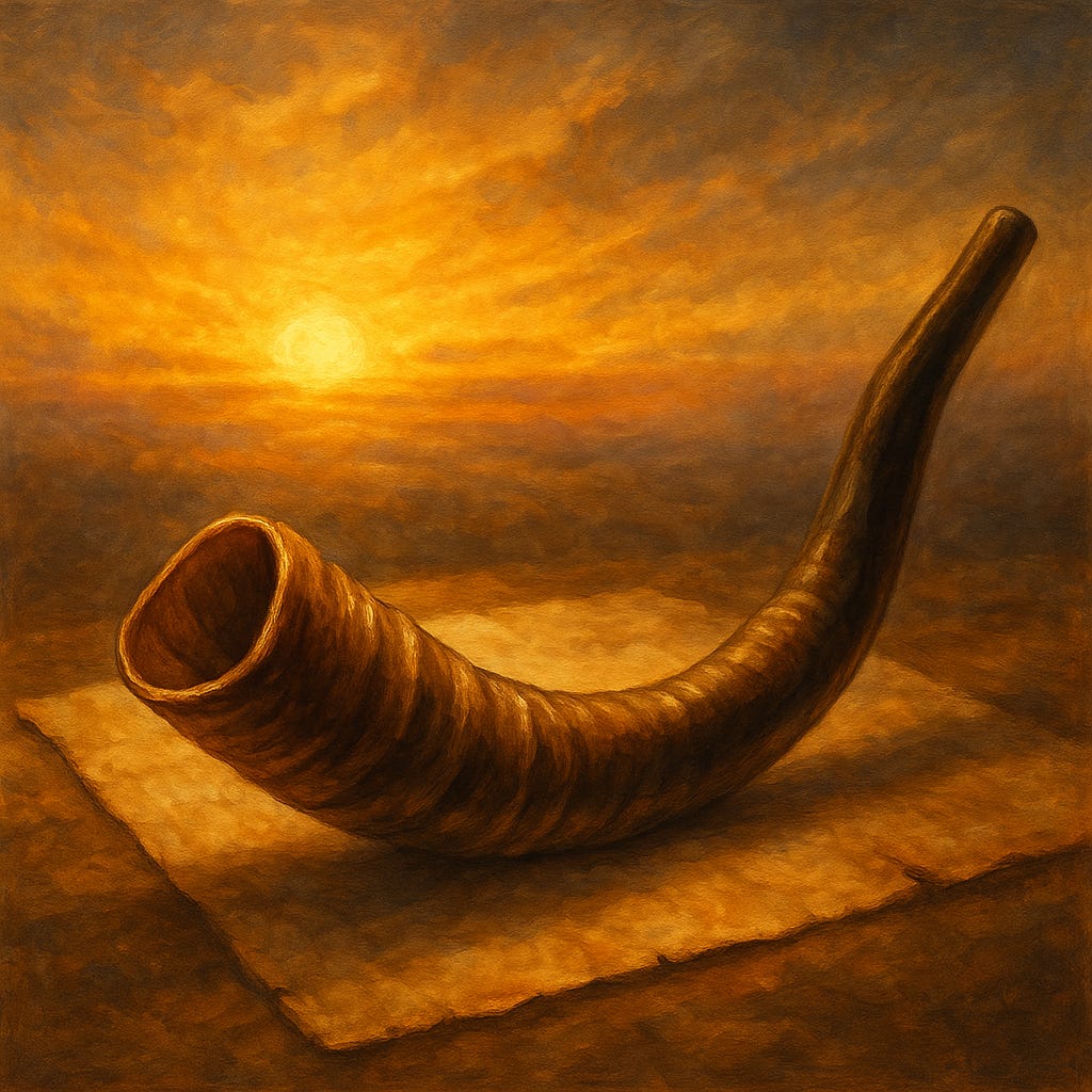 A ram’s horn shofar rests on ancient parchment, illuminated by the warm glow of a sunrise, symbolizing the Feast of Trumpets and the call to awakening.
