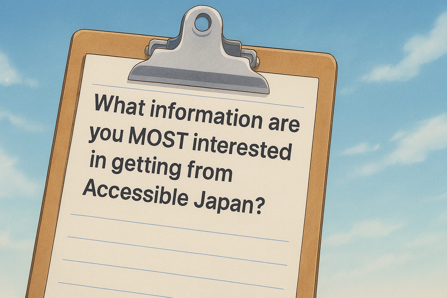 An anime-style illustration of a wooden clipboard with a metal clip, holding a lined sheet of paper that reads: "What information are you MOST interested in getting from Accessible Japan?" The background features a blue sky with soft clouds.
