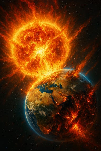 Earth being destroyed by an exploding sun, cosmic apocalypse scene, fiery solar explosion engulfing Earth, dramatic space destruction, vivid colors of red, orange, and black