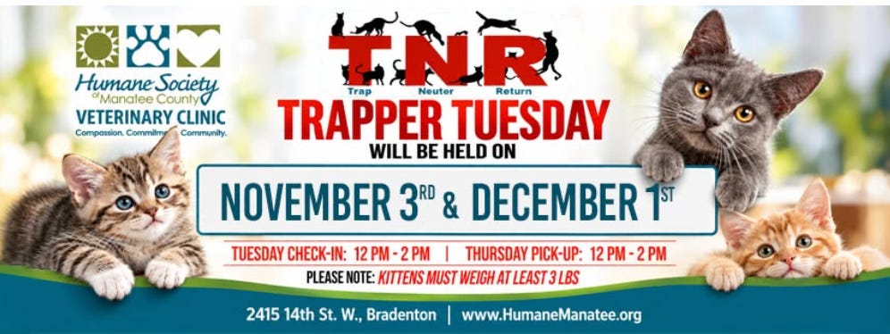Humane Society of Manatee County Announces November and December Trap-Neuter-Return Dates With Updated Fees