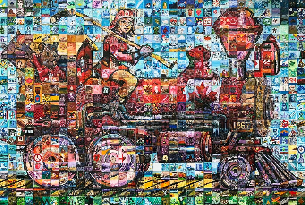Mosaic composed of many images in the form of an engine on a rail, with a hockey player driving it