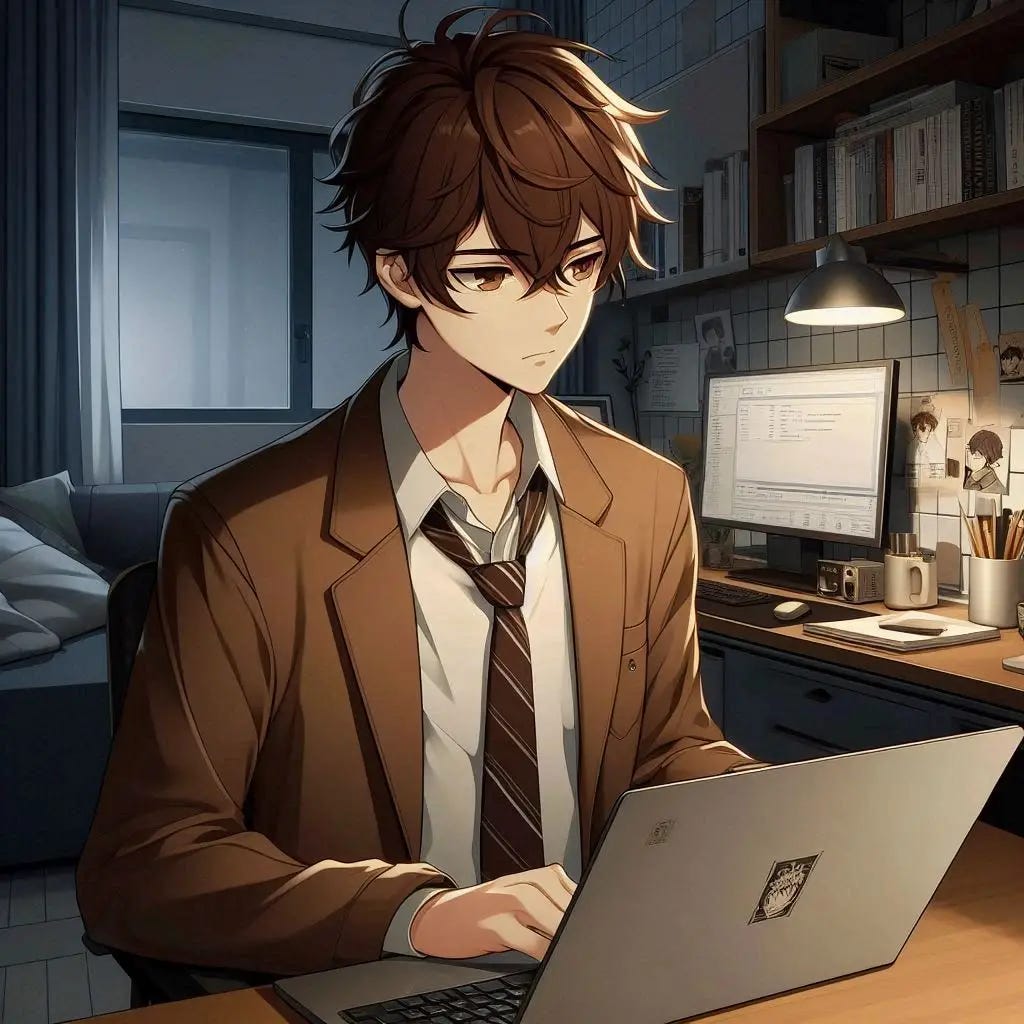 A young man with brown hair and a brown blazer sitting at his desk in his small apartment while he downloads something with his silver school laptop. Anime art style. dark. modern. A young man with brown hair and a brown blazer sitting at his desk in his small apartment while he downloads something with his silver school laptop. Anime art style. dark. modern.