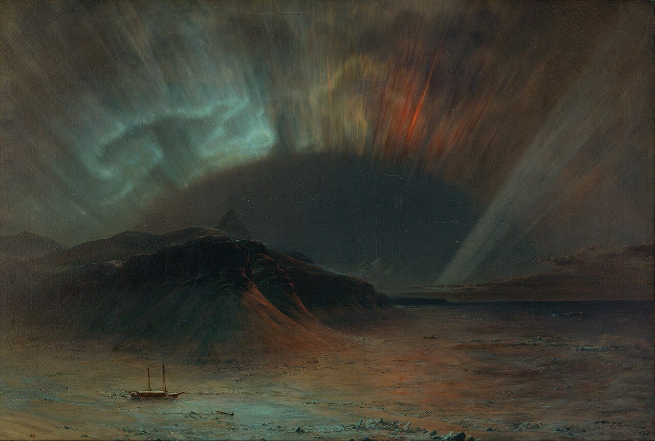 Pintura intitulada 'Aurora Borealis', de Frederic Edwin Church, retratando uma cena noturna dramática e colorida. No céu, a aurora boreal brilha intensamente com tons vibrantes de verde, rosa e amarelo, formando ondas e cortinas de luz que parecem dançar. Abaixo, um vasto cenário gelado se estende, com montanhas cobertas de neve e um mar congelado. No primeiro plano, há uma pequena cabana escura e figuras humanas minúsculas, destacando a grandiosidade da natureza. A obra transmite uma sensação de mistério e beleza sublime.