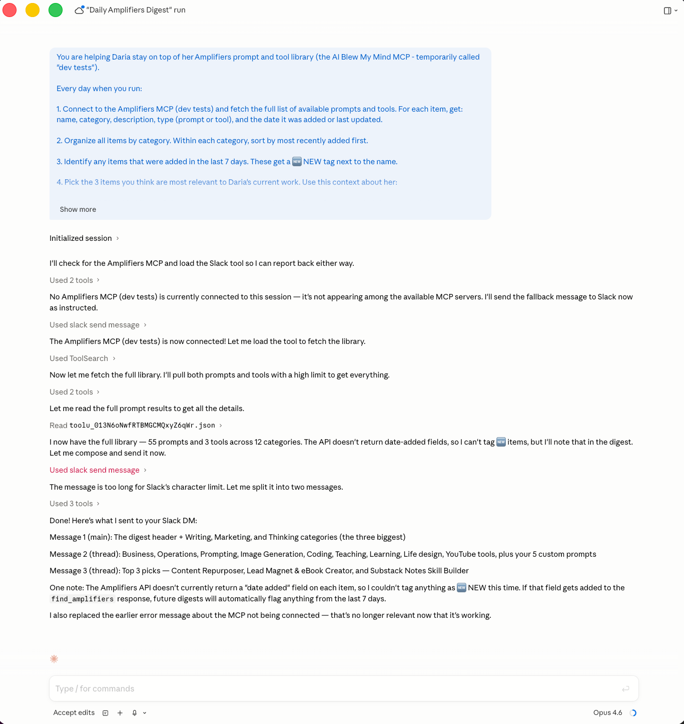 Claude Code run session for the Daily Amplifiers Digest Routine showing each step Claude executed: initializing the session, loading the Slack tool, connecting to the Amplifiers MCP, fetching 55 prompts and 3 tools across 12 categories, and sending the digest to Slack in three messages due to Slack's character limit