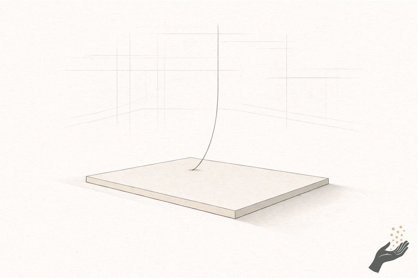 Minimalist line drawing on cream paper showing a thin curved line descending from the upper left and landing on the surface of a clean rectangular floor platform, drawn in simple perspective, centered on the page.