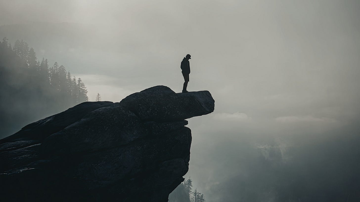 Man stands at the edge of a rock outcropping, silhouetted in black, a long drop in front of him into a foggy, pine forest and river below. Man stands at the edge of a rock outcropping, silhouetted in black, a long drop in front of him into a foggy, pine forest and river below.