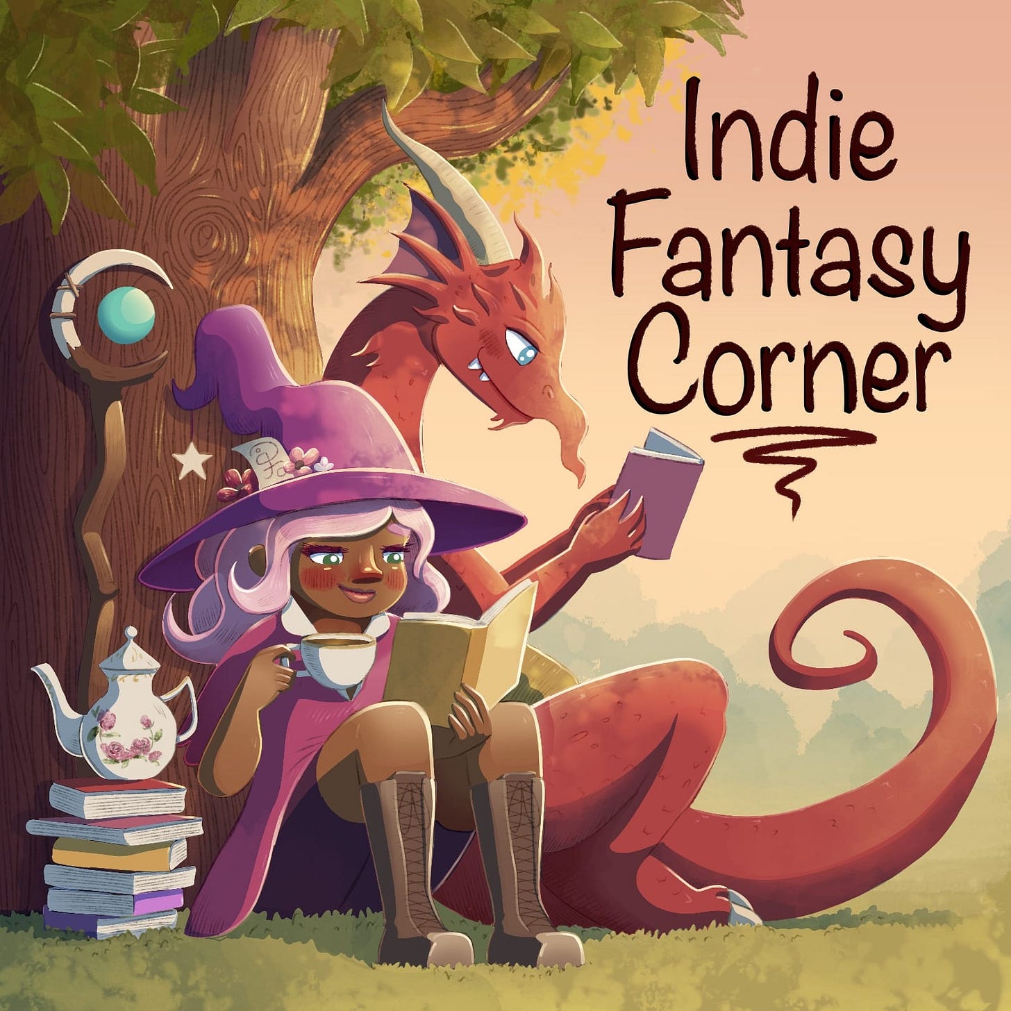 A witch and a dragon sitting beneath a tree reading books and drinking tea.