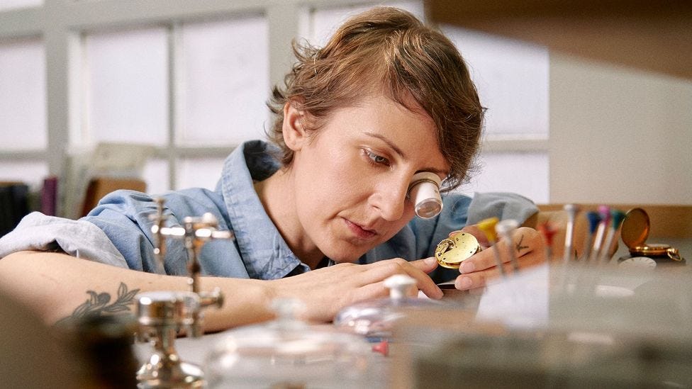 The tiny watch components Rebecca Struthers works with are a stark contrast to the enormity of space and time throughout the Universe (Credit: Andy Pilsbury)