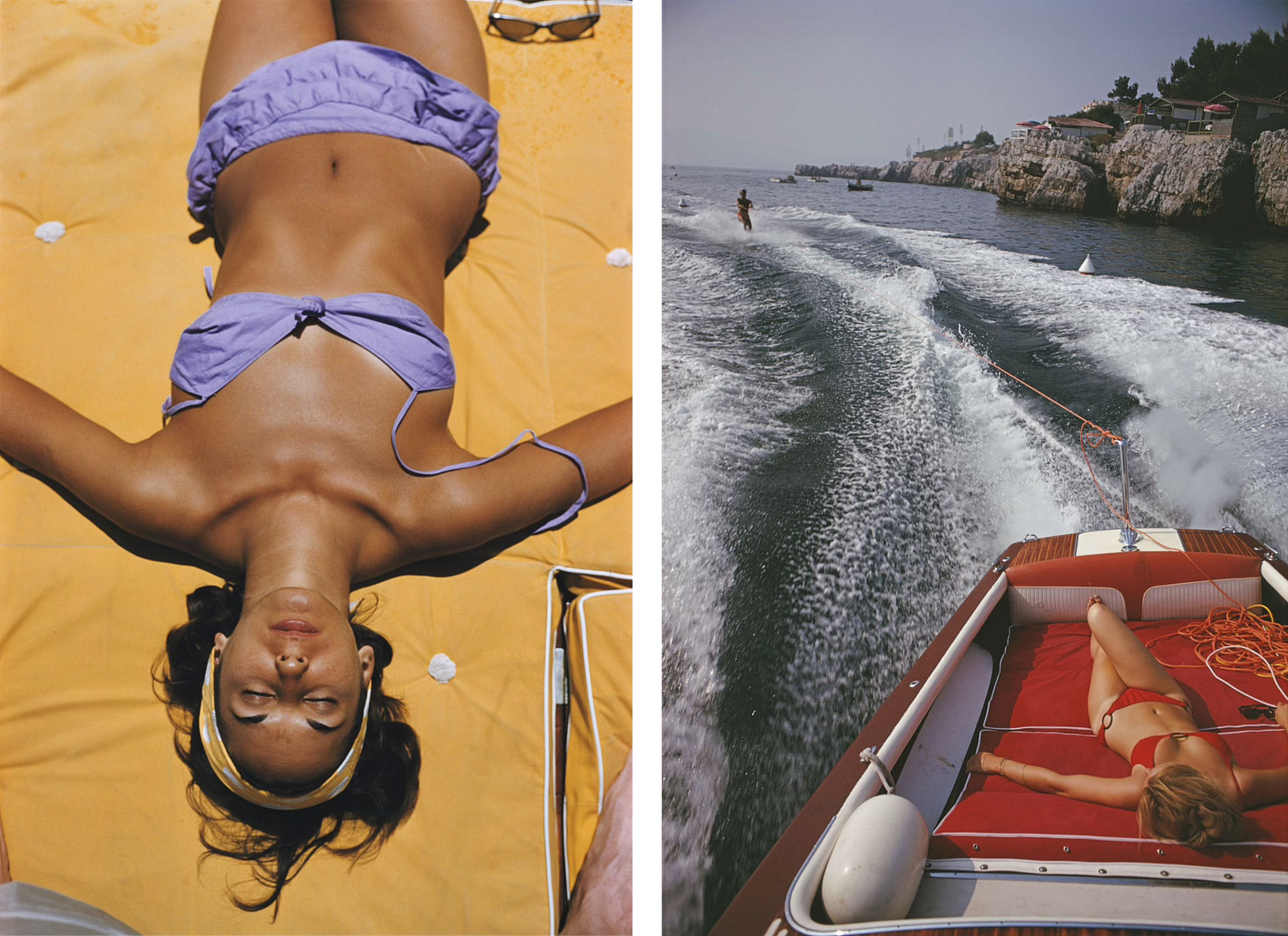 women in vintage triangle bikinis lounging poolside and on boat, Slim Aarons–inspired style women in vintage triangle bikinis lounging poolside and on boat, Slim Aarons–inspired style