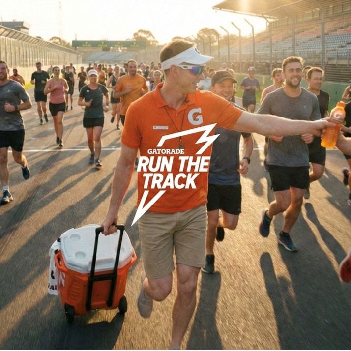 AI generated image of Dan Gorringe as Chief Hydration Officer of Gatorade running a motorsport track. 