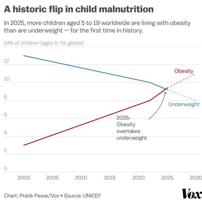 A line graph showing the percentage of children aged 5-19 globally from 2000 to 2030. Two lines represent obesity and underweight trends, with obesity in red rising and underweight in blue declining. The lines intersect around 2025, labeled "Obesity overtakes underweight." Text annotations highlight this crossover, with percentages on the y-axis and years on the x-axis. A watermark from Vox is present.