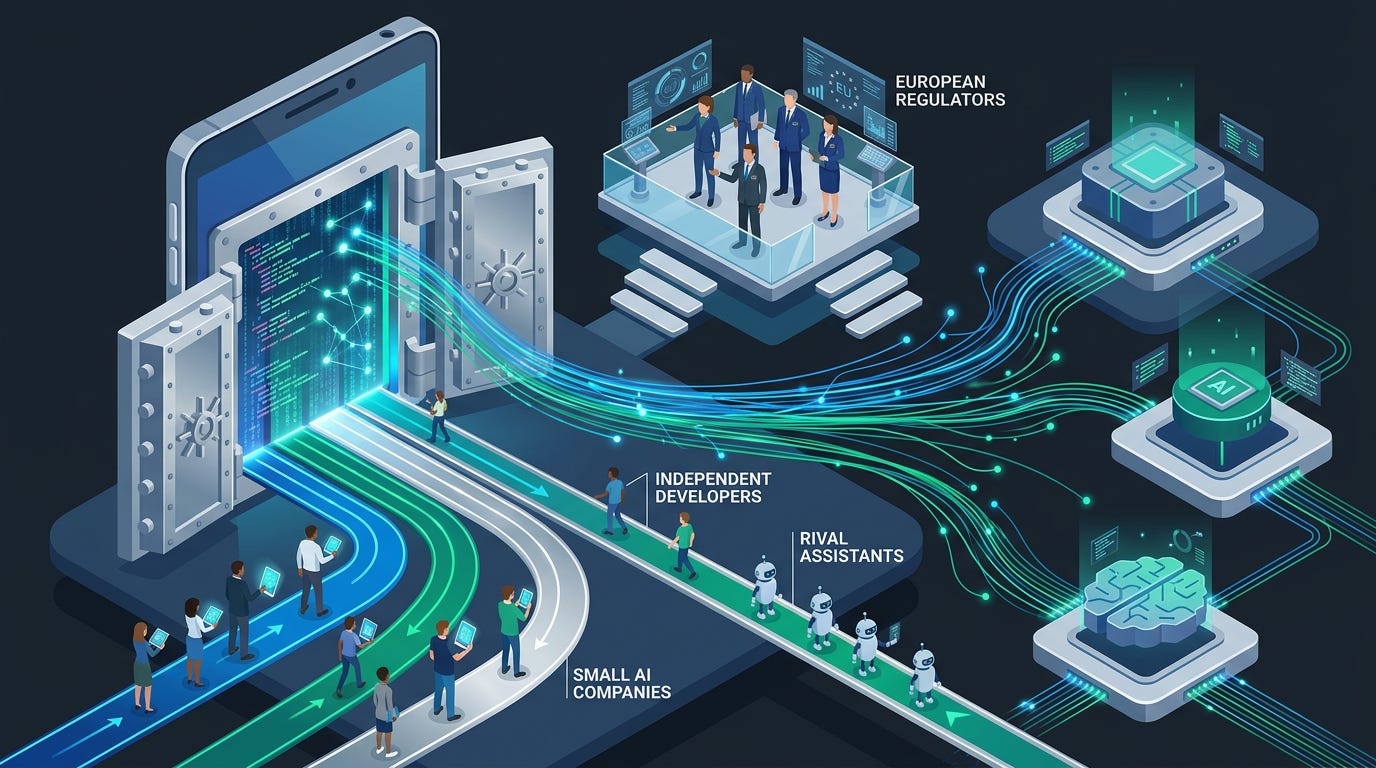 Flat isometric illustration of a massive Android smartphone transformed into an open gateway, giant vault doors revealing glowing search databases inside while tiny AI companies, developers and rival assistants enter through newly unlocked access lanes, European regulators overseeing the process from elevated control platforms, streams of search data flowing toward competing AI systems, blue, emerald green and silver colour palette, clean vector art style, dark background, modern tech editorial aesthetic. Flat isometric illustration of a massive Android smartphone transformed into an open gateway, giant vault doors revealing glowing search databases inside while tiny AI companies, developers and rival assistants enter through newly unlocked access lanes, European regulators overseeing the process from elevated control platforms, streams of search data flowing toward competing AI systems, blue, emerald green and silver colour palette, clean vector art style, dark background, modern tech editorial aesthetic.
