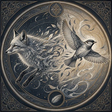 Stylized depiction of silver fox transforming into sparrow as seen in Felonious' vision Stylized depiction of silver fox transforming into sparrow as seen in Felonious' vision