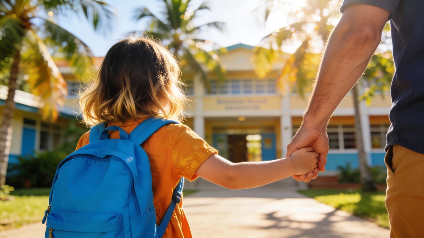 Little girl holding parent's hand walking to school in a tropical setting Little girl holding parent's hand walking to school in a tropical setting