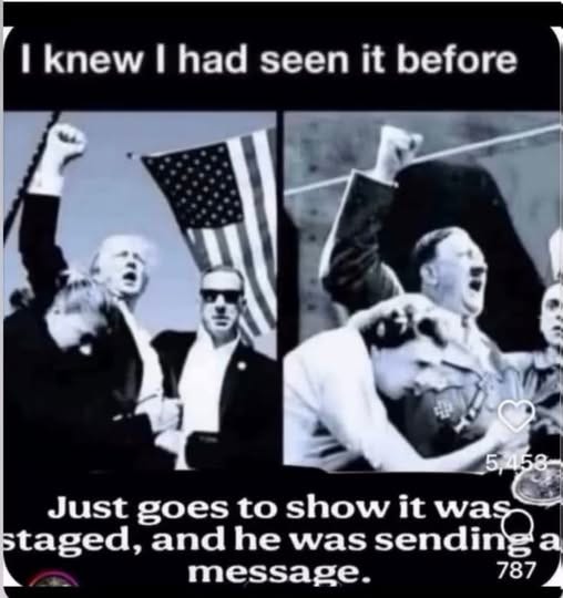 May be an image of 2 people, the Oval Office and text that says 'I knew I had seen it before 5458 Just goes to show it was staged, and he was sending a message. 787'