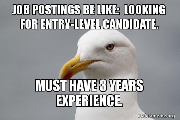 Job postings be like: Looking for entry-level candidate. Must have 3 years  experience. - Stuff That Didn't Happen Seagull Meme Generator
