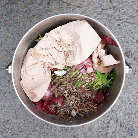 Triptych. Three buckets of compost.