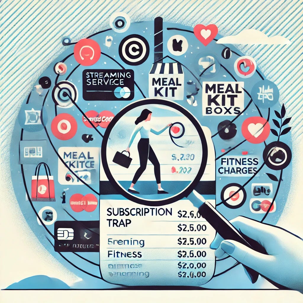 A clean and focused illustration addressing 'The Subscription Trap,' depicting the challenge of managing recurring payments. One image shows a person surrounded by subscription icons (streaming service logos, meal kit boxes, fitness apps) forming a tangled web around them, symbolizing financial entanglement. The second image portrays a magnifying glass over a credit card statement, highlighting recurring charges, with icons of streaming, gaming, and shopping floating nearby. Use a modern, minimalistic design with a palette of soft blues, grays, and subtle reds to convey concern while staying approachable.