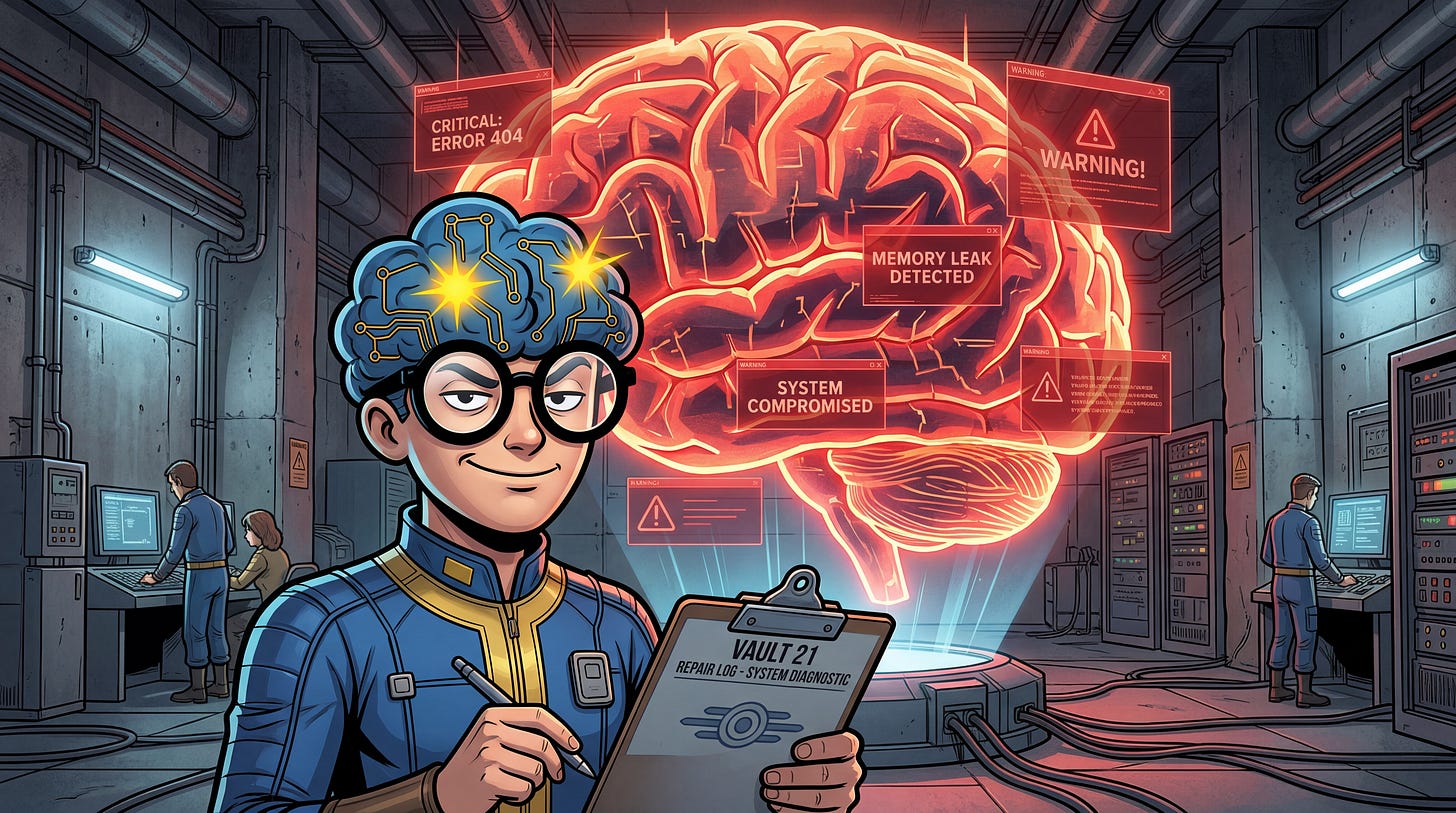 GMIND-BOY analysant un cerveau holographique en surchauffe avec un message d'erreur "404 - Memory Leak". GMIND-BOY analysant un cerveau holographique en surchauffe avec un message d'erreur "404 - Memory Leak".