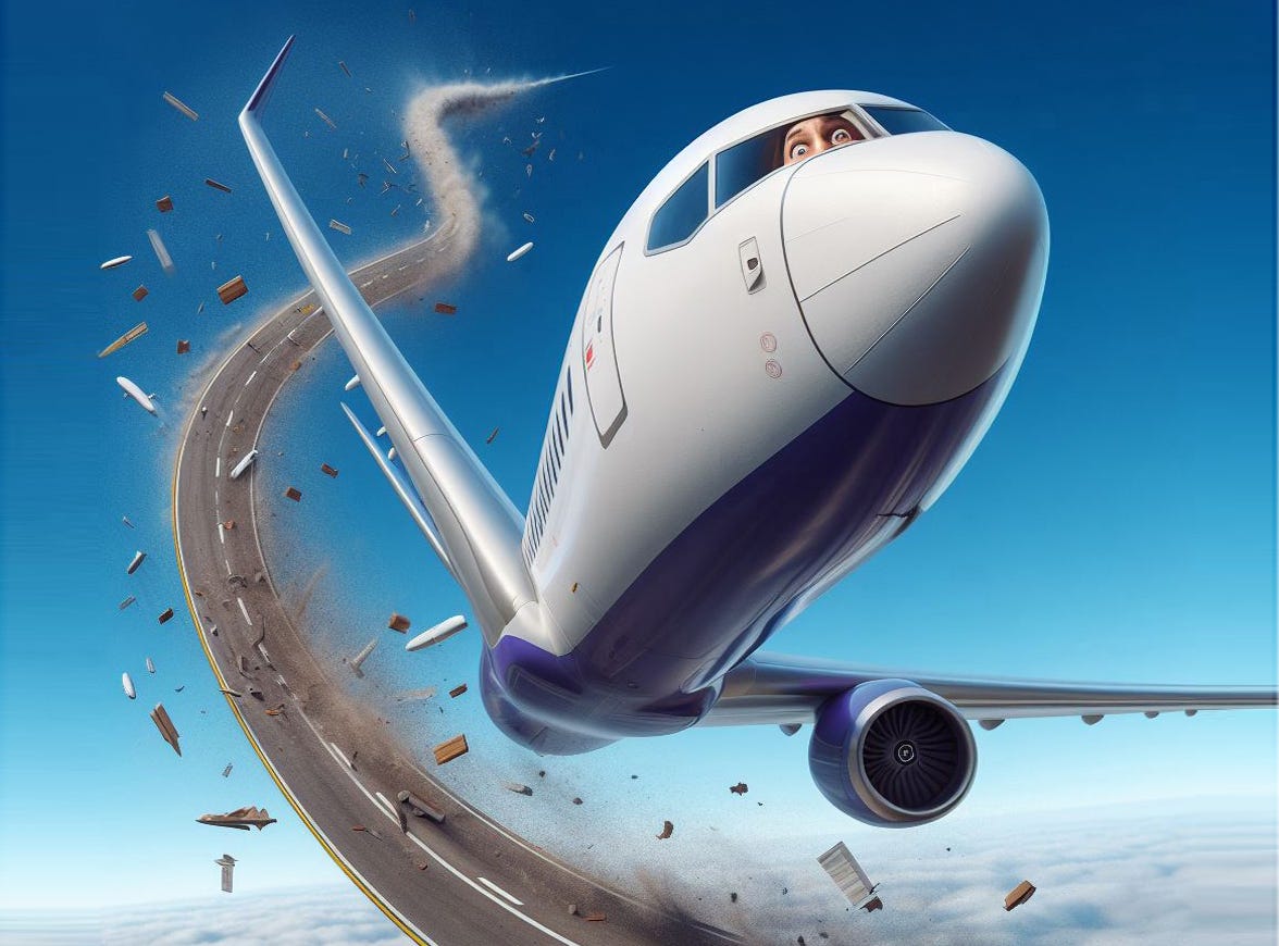 Airplane humor – surreal cartoon plane flying into turbulence off a warped evaporating runway Airplane humor – surreal cartoon plane flying into turbulence off a warped evaporating runway