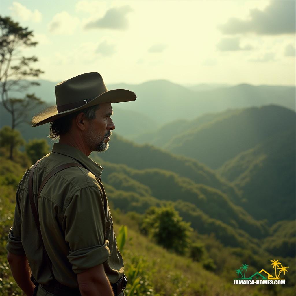  A lone German settler, clad in worn earth-toned clothing and wide-brimmed hat, stands amidst the lush Jamaican landscape, gazing out at the rolling hills of Montpelier Estate, a mix of trepidation and determination etched on his weathered face, as the faint outline of Shettlewood Pen's structures rises in the distance, warm sunlight casting long shadows across the terrain, with a sense of unease and uncertainty hanging in the air, like the fading light of day, captured in a cinematic film still, with the grainy texture of 35mm film, a subtle vignette drawing the viewer's eye to the settler's resolute figure, the color palette rich and muted, with deep blues and golds, evoking the works of Terrence Malick, Emmanuel Lubezki, and Roger Deakins, exuding a sense of epic drama and atmospheric tension.