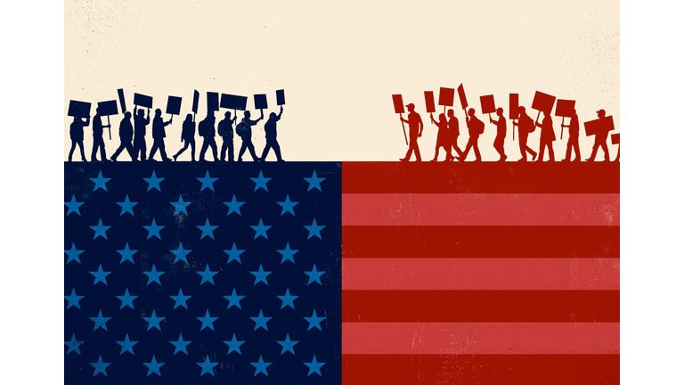 Red and Blue Protesters Marching on United States Flag