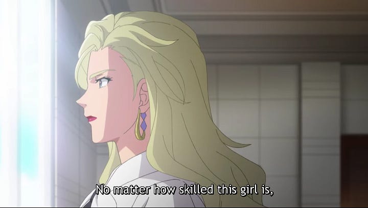On the left, a woman saying "no matter how skilled this girl is" - referencing Eve, and on the right, an image from behind Eve, where the woman's sentence is completed. She says, "she's from a different world"