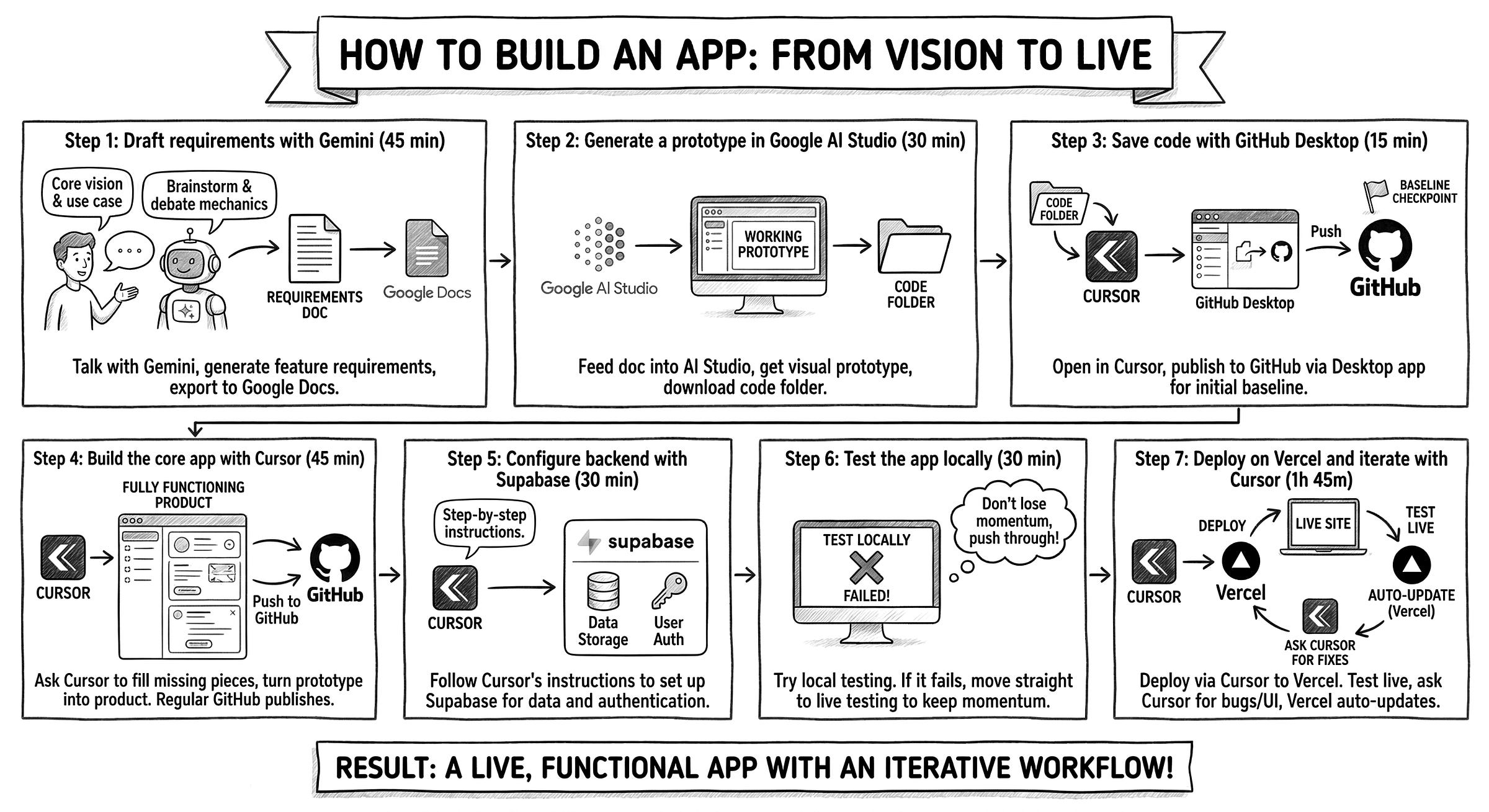 A hand-drawn style diagram displays the seven application development steps using various tools from drafting to deployment. A hand-drawn style diagram displays the seven application development steps using various tools from drafting to deployment.