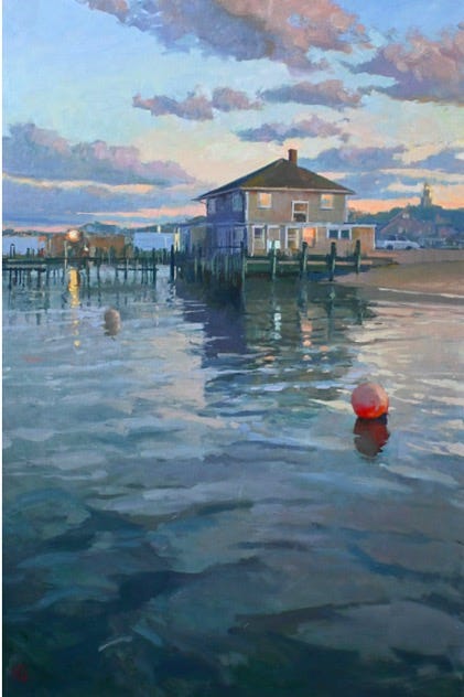 A painting of a house on a dock

Description automatically generated