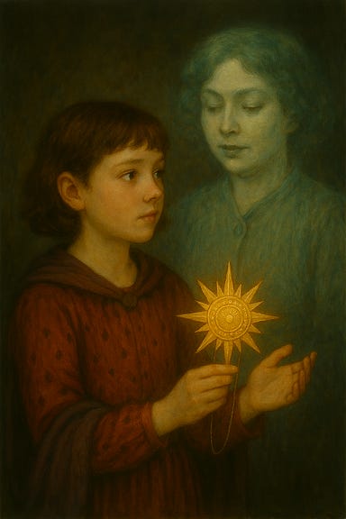A portrait of Arabelle, a petite and graceful young woman with soft features and expressive eyes, visually reminiscent of Cailee Spaeny. She wears flowing robes in pale rose and ivory, embroidered with silver filigree. Her chestnut hair falls in soft waves, and she stands in a candlelit crypt, speaking to the spirit of Mindora. Mindora appears as a translucent, glowing figure with a curvy silhouette, dark curls, and a warm, mischievous expression, visually reminiscent of Jennifer Tilly. She wears a spectral version of a clerk’s outfit—ruffled blouse, vest, and long skirt—hovering slightly above the ground. The atmosphere is mystical, intimate, and emotionally resonant, with soft candlelight and drifting motes of spirit energy.