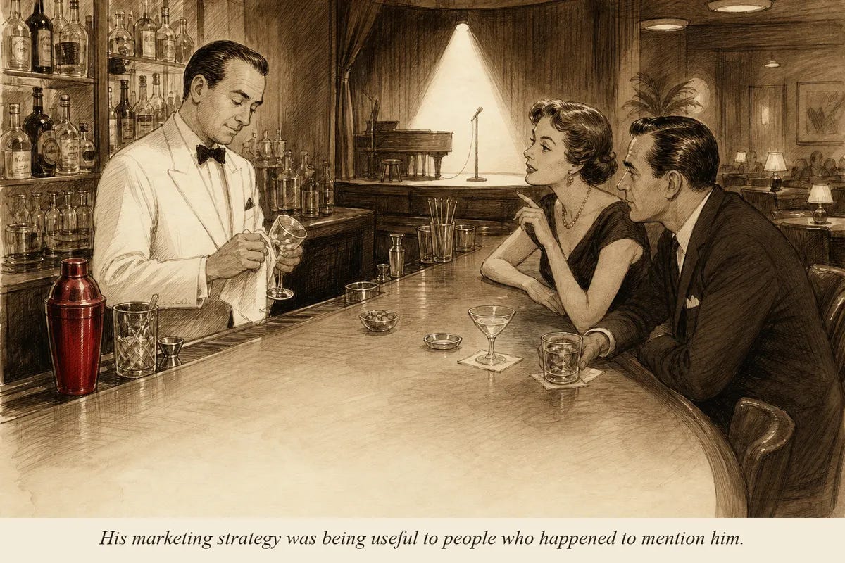 A bartender quietly polishing a glass behind a bar while two patrons lean in to ask him for a recommendation, a spotlight shining on an empty stage in the background A bartender quietly polishing a glass behind a bar while two patrons lean in to ask him for a recommendation, a spotlight shining on an empty stage in the background