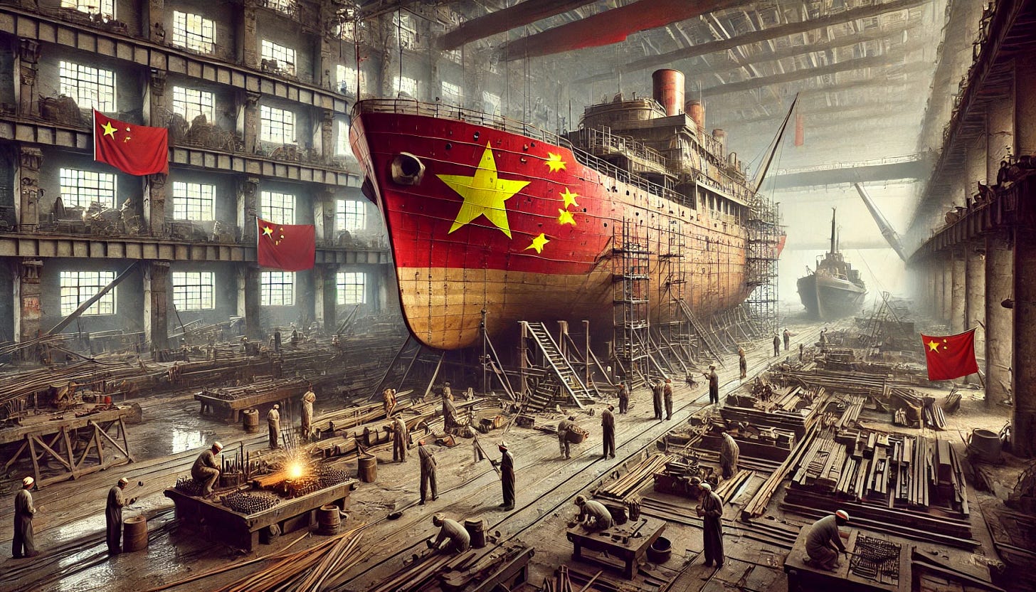 A wide aspect ratio, real-life-like image of a Chinese ship being constructed in a shipyard in the year 1960, with imprints of the Chinese flag on it. The scene captures the industrial atmosphere with workers in 1960s attire, using traditional tools and equipment to assemble the ship. The partially built vessel is surrounded by scaffolding, and workers are seen welding, hammering, and fitting parts. The ship features the vibrant red and yellow colors with stars from the Chinese flag. The background includes other ships in various stages of construction, and the overall atmosphere is one of intense labor and craftsmanship. The scene reflects the historical and cultural context of shipbuilding in China during that era.